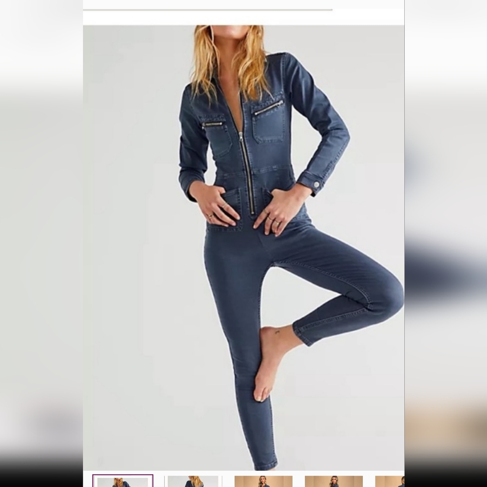 Free people skinny   Lennox Womens Denim Boho Jumpsuit